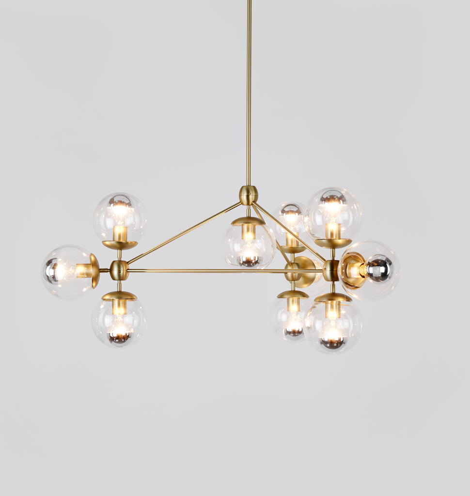 Chandelier - 3 Sided, 10 Globes (Brushed brass/Clear)