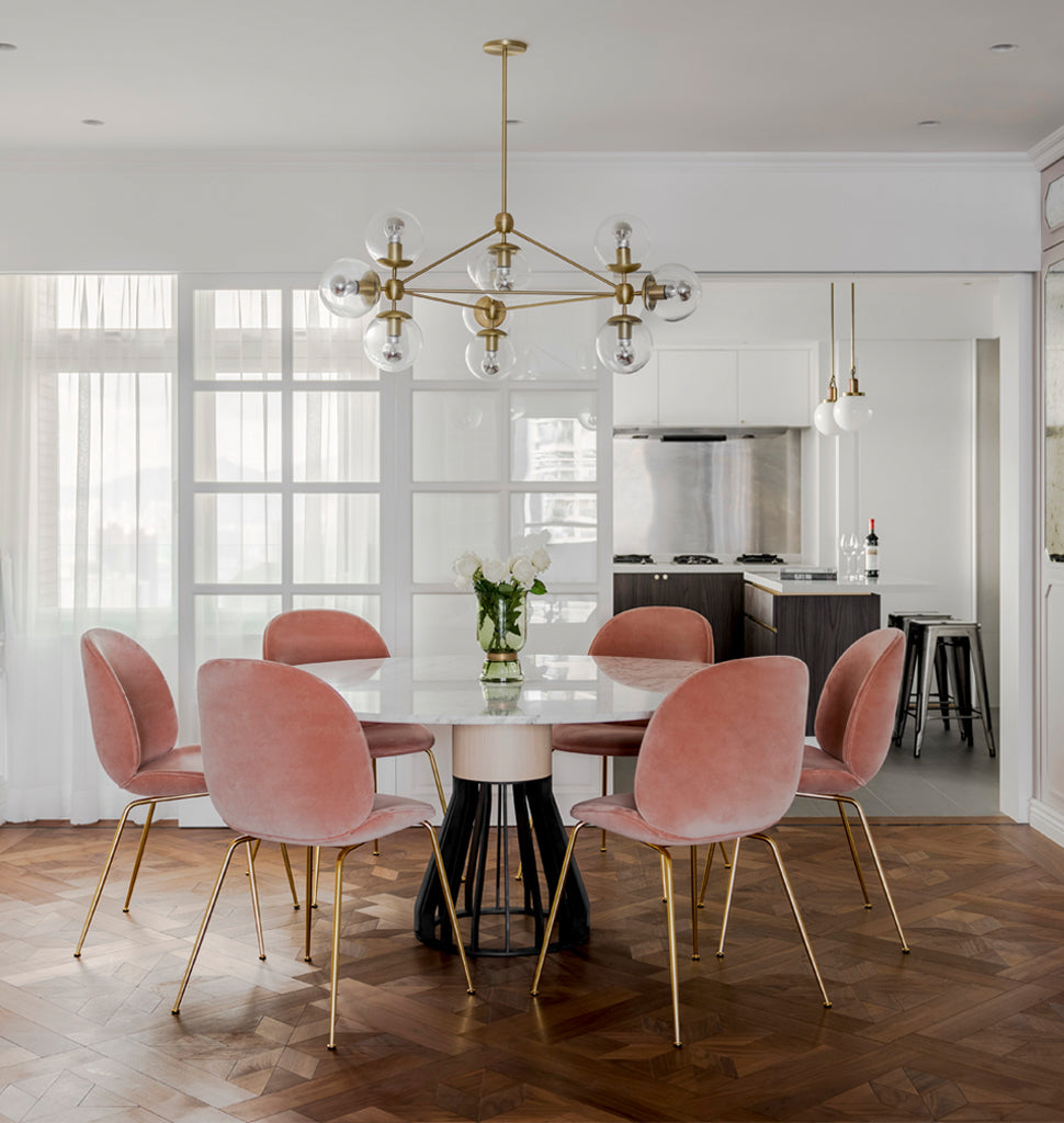 Chandelier - 3 Sided, 10 Globes (Brushed brass/Clear) — Hong Kong. Interior by YC Chen. Image by hoo