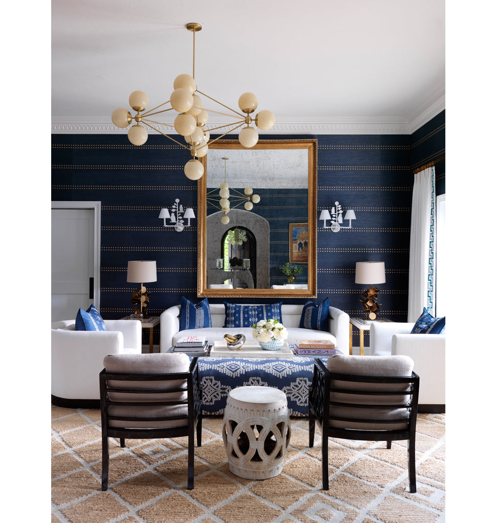 Chandelier - 4 Sided, 15 Globes (Brushed brass/Cream) — Palm Beach, Florida. Interior by Jeff Lincoln. Image by Jonny Valiant