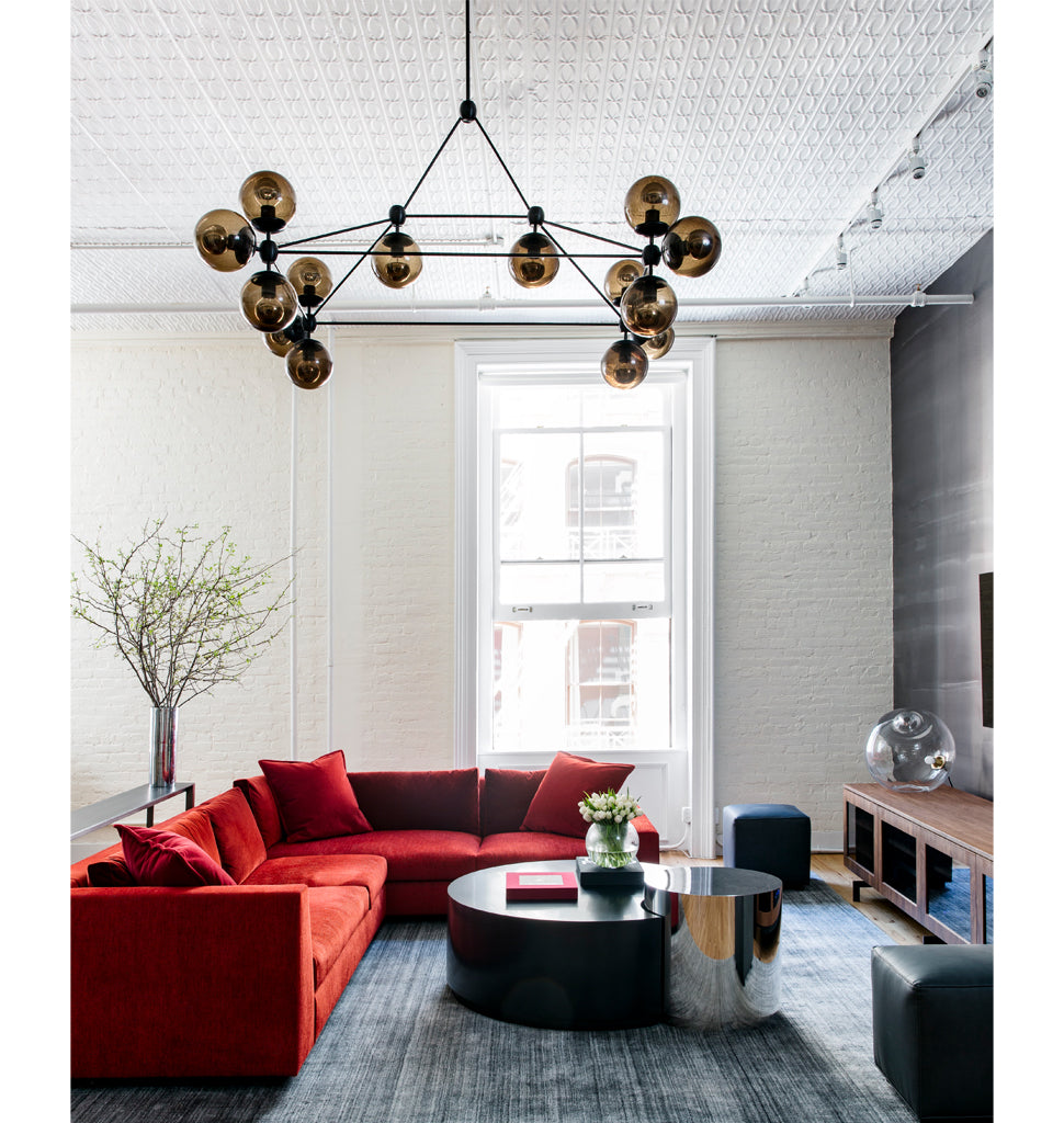 Chandelier - Rectangle, 14 Globes (Black/Smoke) — New York City. Interior by Justin Charette. Image by Sean Litchfield 