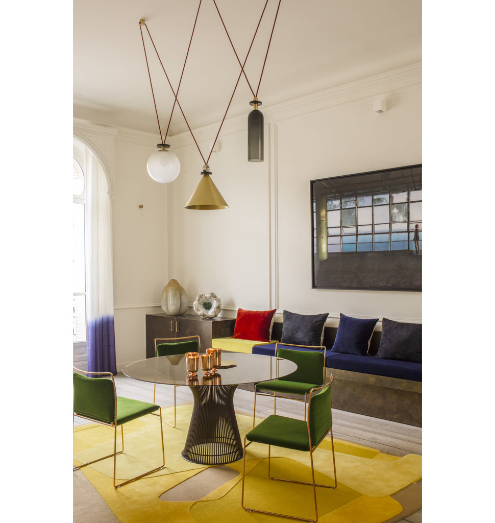 3-Piece Chandelier (Brushed brass cone) — Paris, France. Interior by Maison Numero 20 + KJS Architecture. Image by Matthieu Salvaing