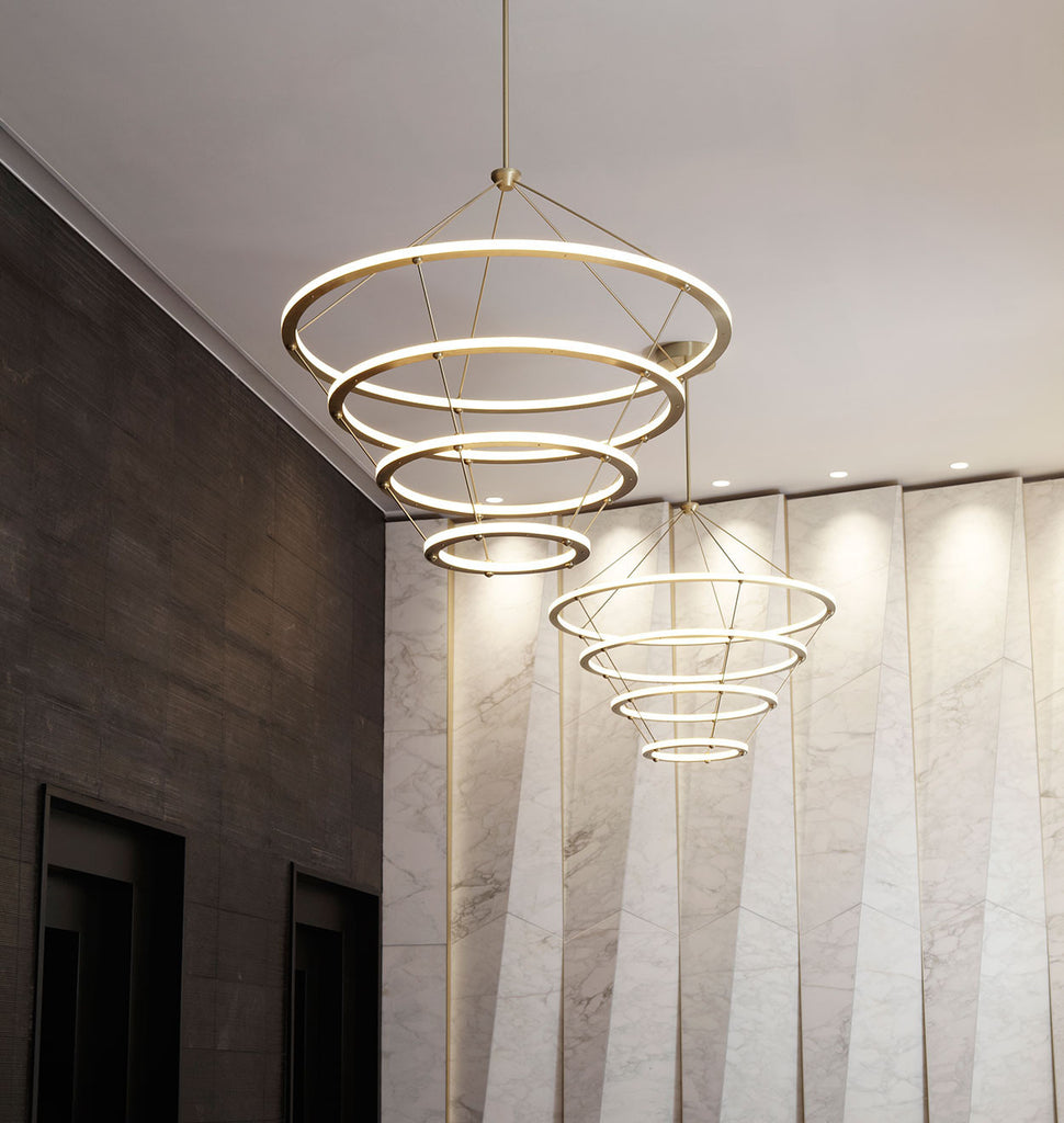 Chandelier - 4 Rings (Brushed brass) — Fashion Tower, New York. Interior by GRT Architects.
