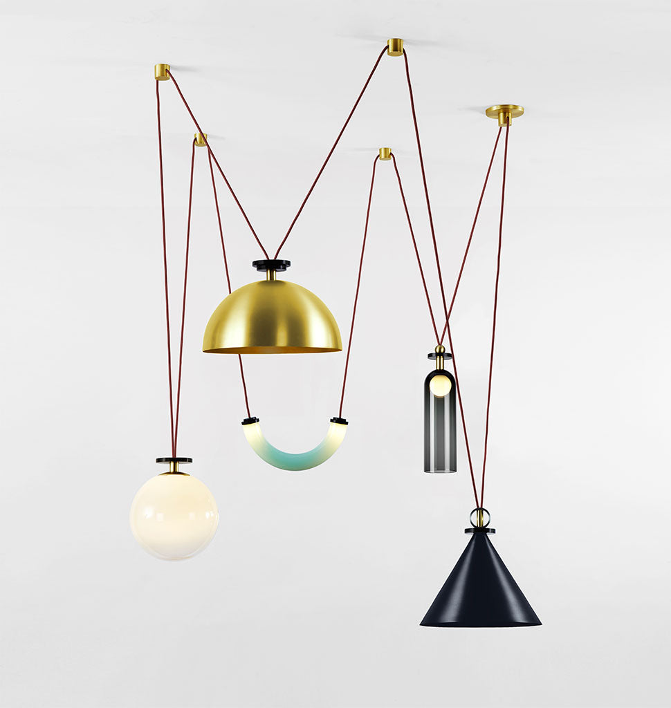 5-Piece Chandelier (Blackened steel cone/Brushed brass hemisphere)
