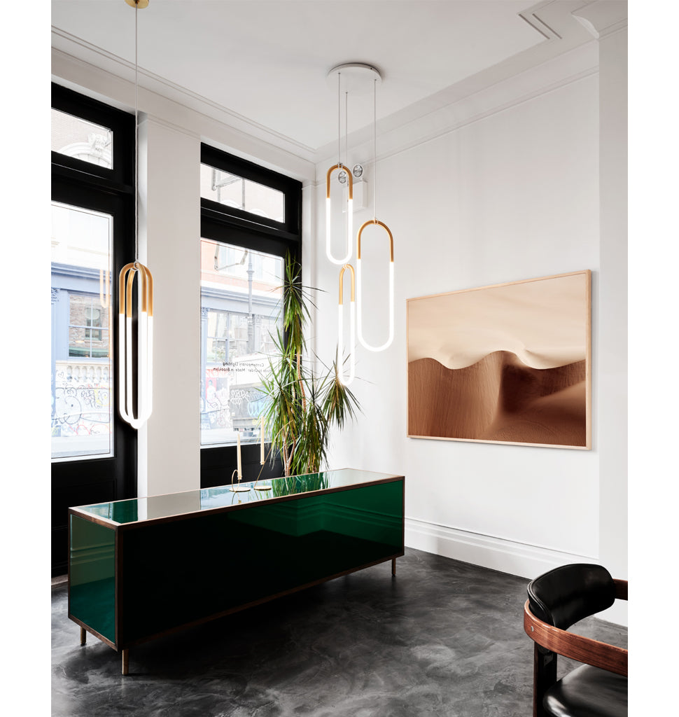 Loop 01, Loop 02, Loop 03, Double, Custom Configuration (Satin brass) — Roll & Hill Showroom, New York City. Image by Brooke Holme
